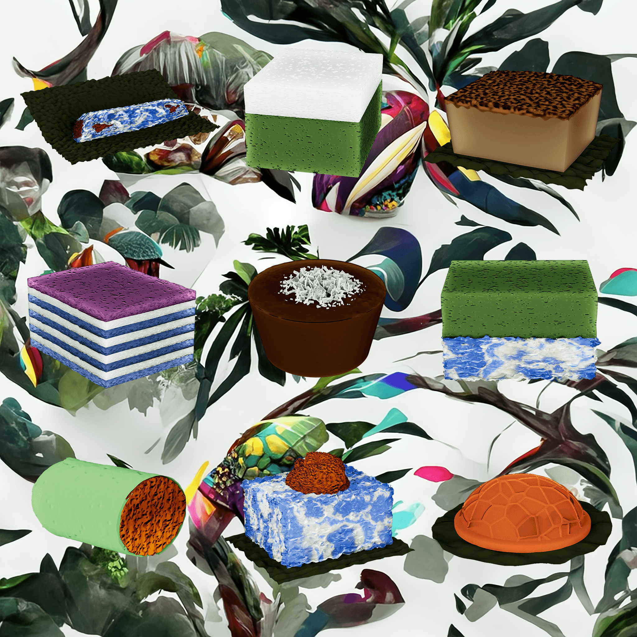Illustrations of various kuih arranged in a 3 by 3 grid: pulut panggang, talam pandan, baked ubi kayu, lapis, kosui, serimuka pandan, dadar, pulut inti, and angku.