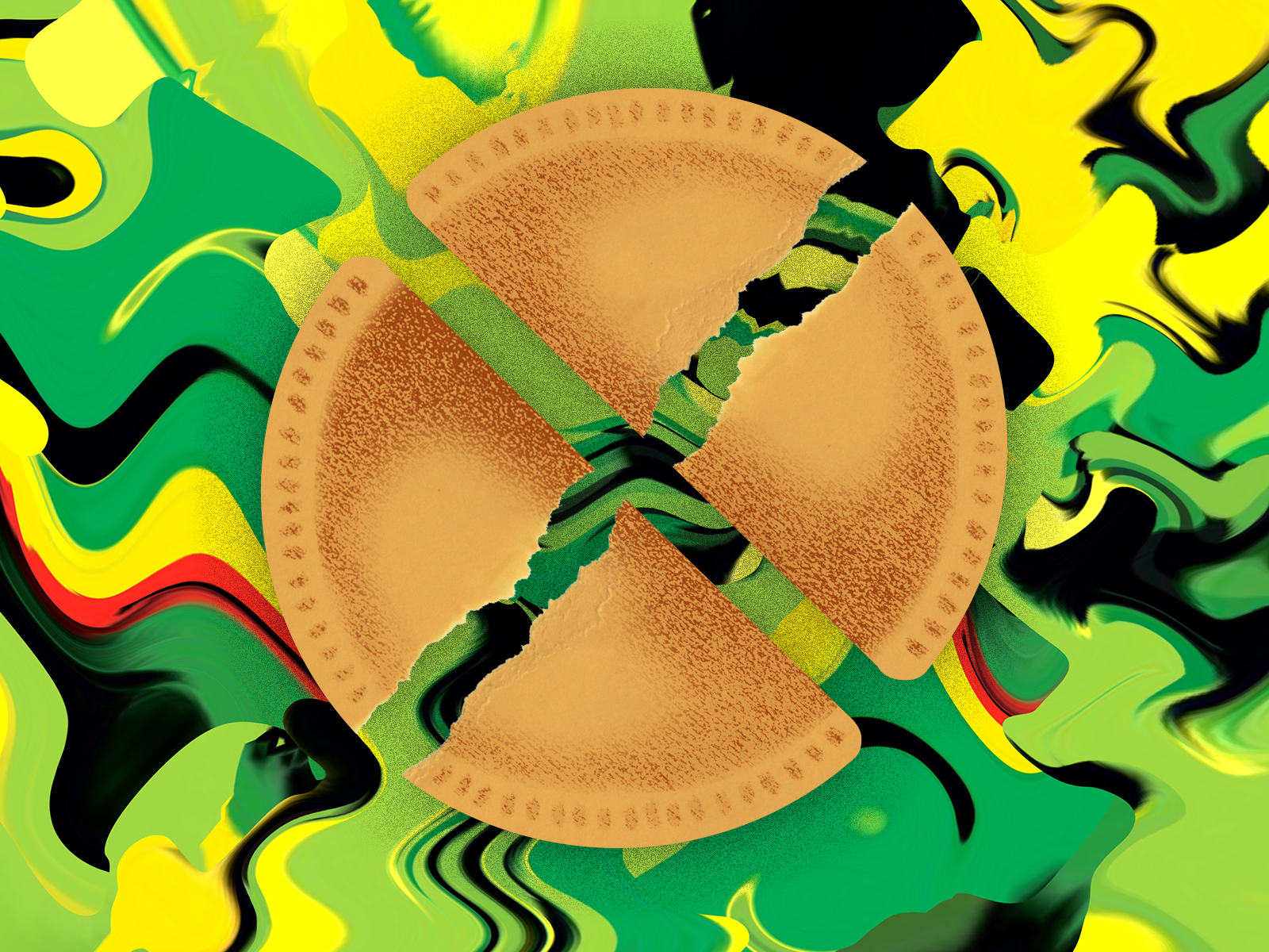 Crumbly Jamaican patties split roughly into four pieces against a vivid abstract background in green, yellow, black, and red.