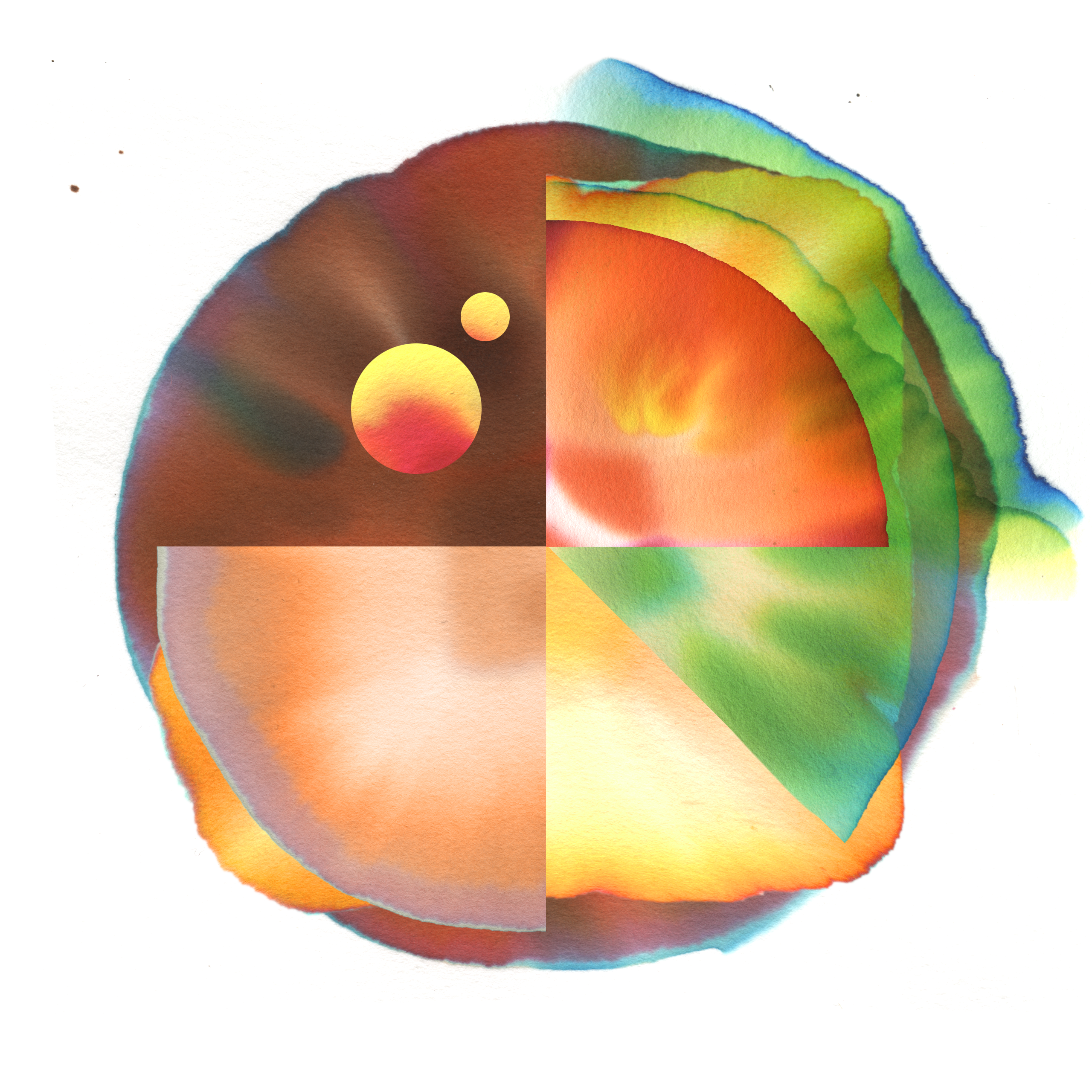 Abstract generative image of a hamburger: a round blob divided in four parts, in browns, oranges, and greens.