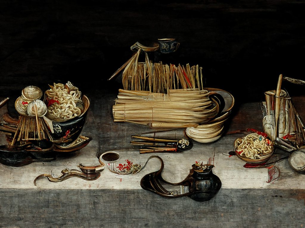 Detailed, dark generative image of a table laden with food, dishes, and utensils—very Dutch Masters meets Peter Greenaway.