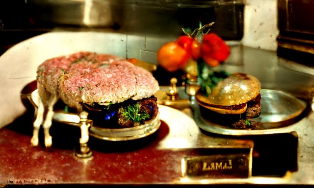 Plated lamb burgers sitting on a tabletop, with tomatoes in the background.