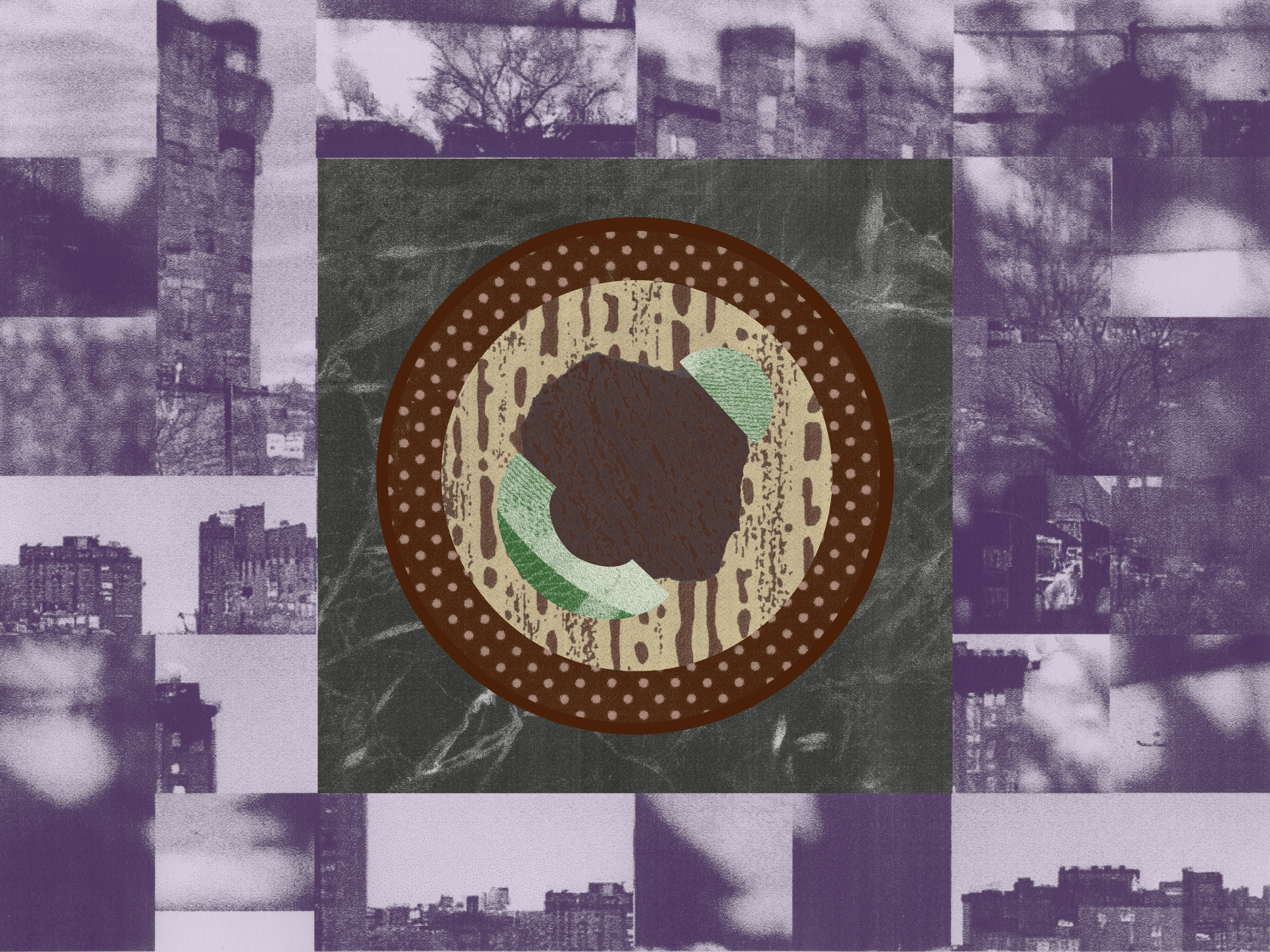 Abstract round plate of food in browns and greens overlaying a grid of black-and-white cityscapes.