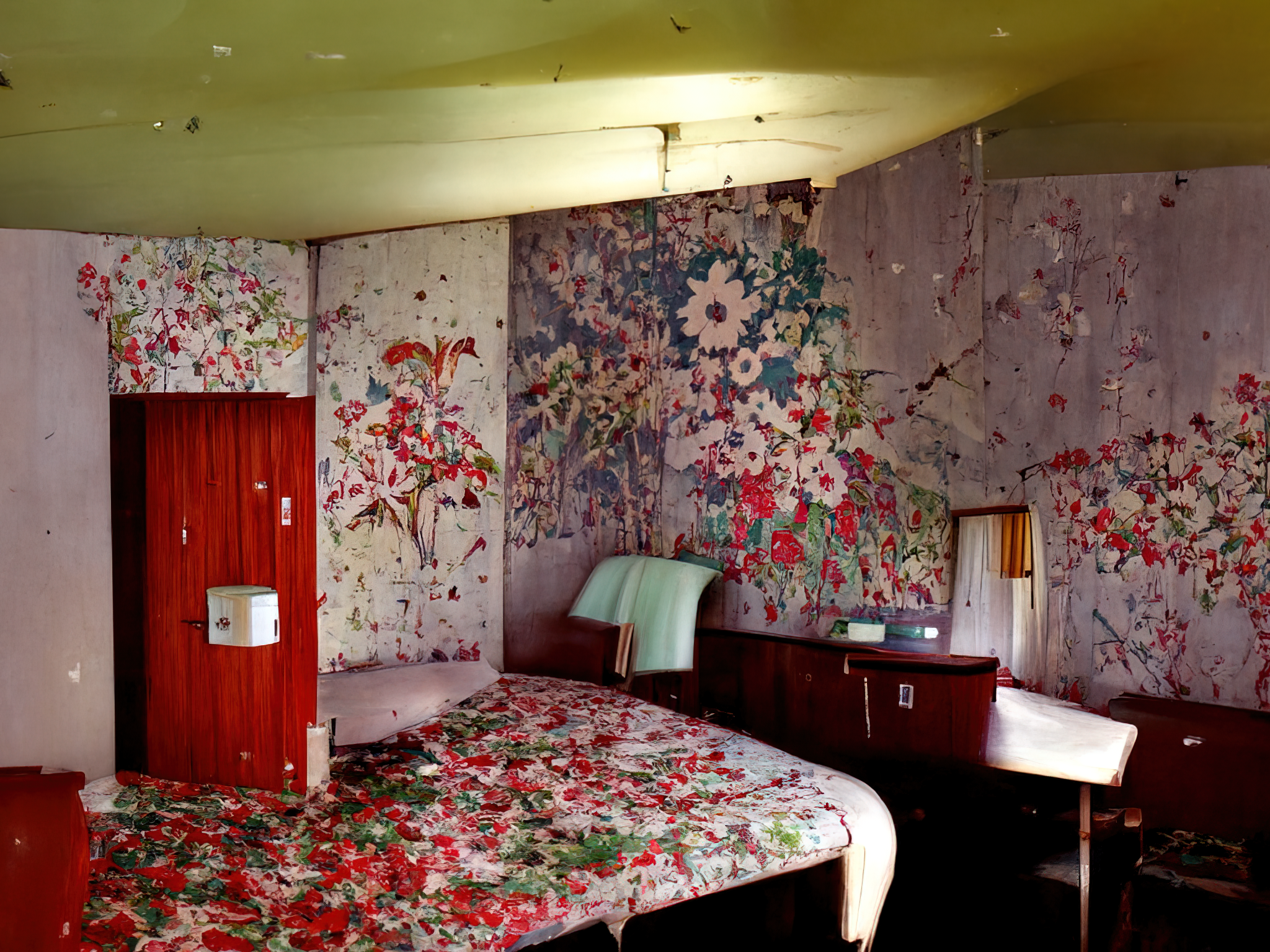 Generative illustration of a hotel room with wood-veneer furniture and intensely floral-patterned bedspread and wallpaper.