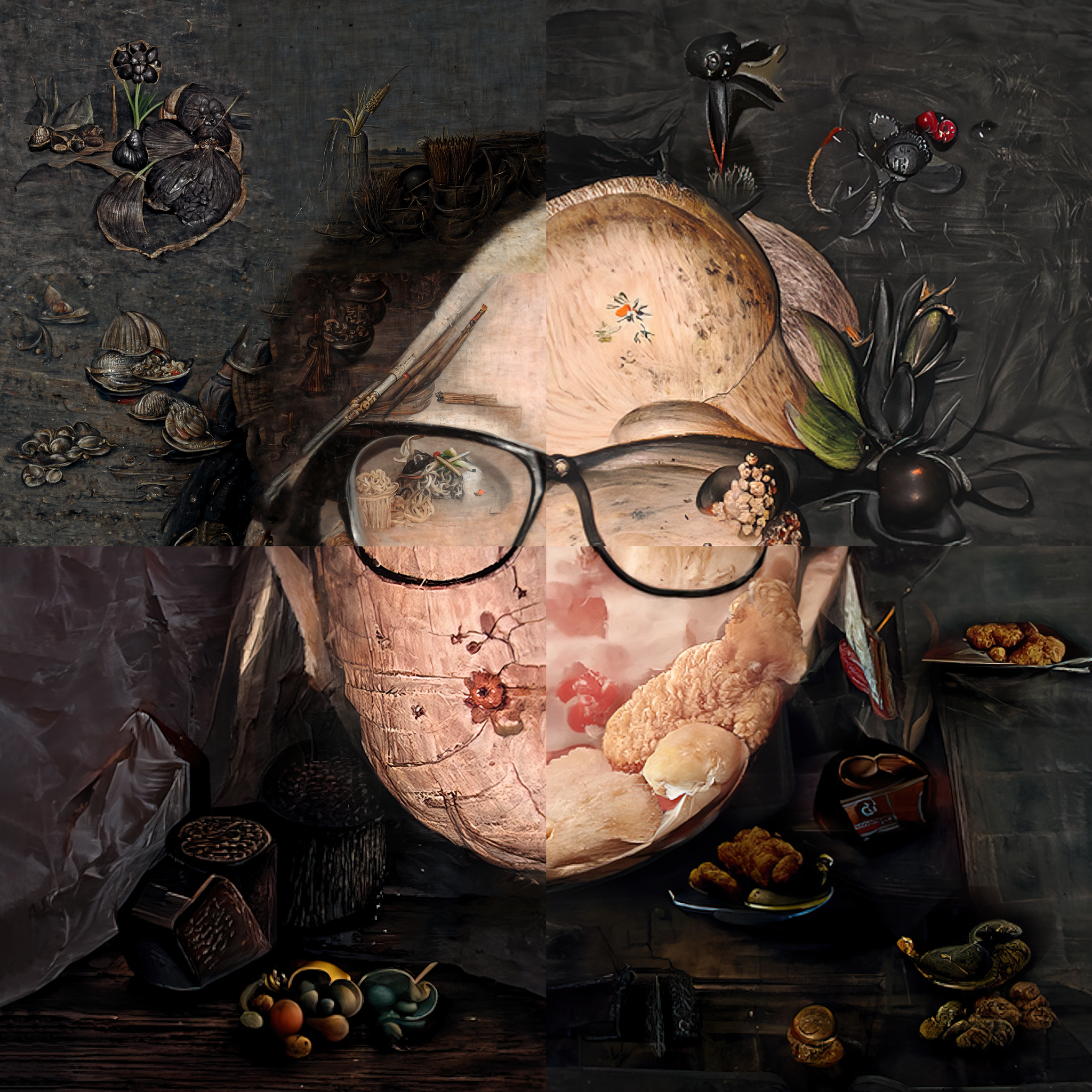Generative portrait of Helen Rosner wearing dark-rimmed glasses, composed of organic gustatory and floral forms emerging from a dark background.